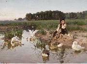 Nikolas Kornilievich Bodarevsky Ukrainian Girl Tending Geese Sweden oil painting artist